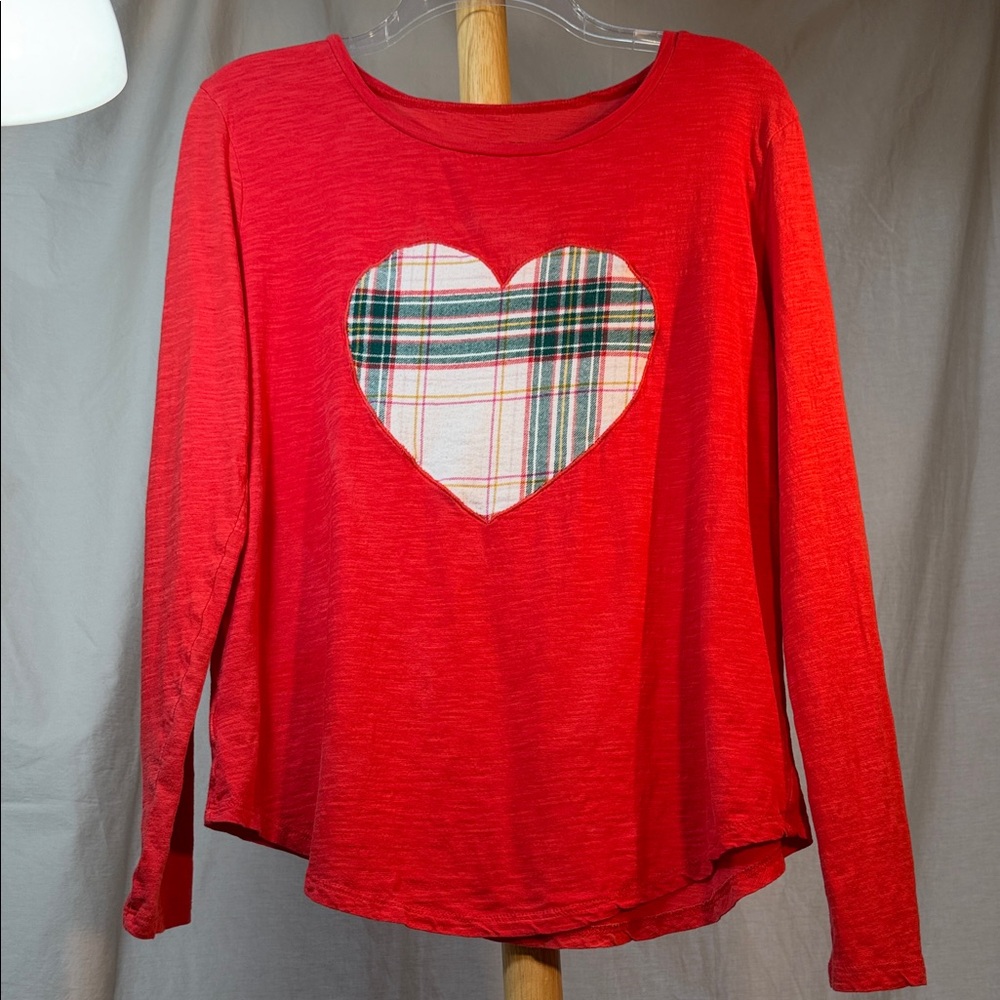 LOFT Red Long Sleeve Top with Plaid Heart